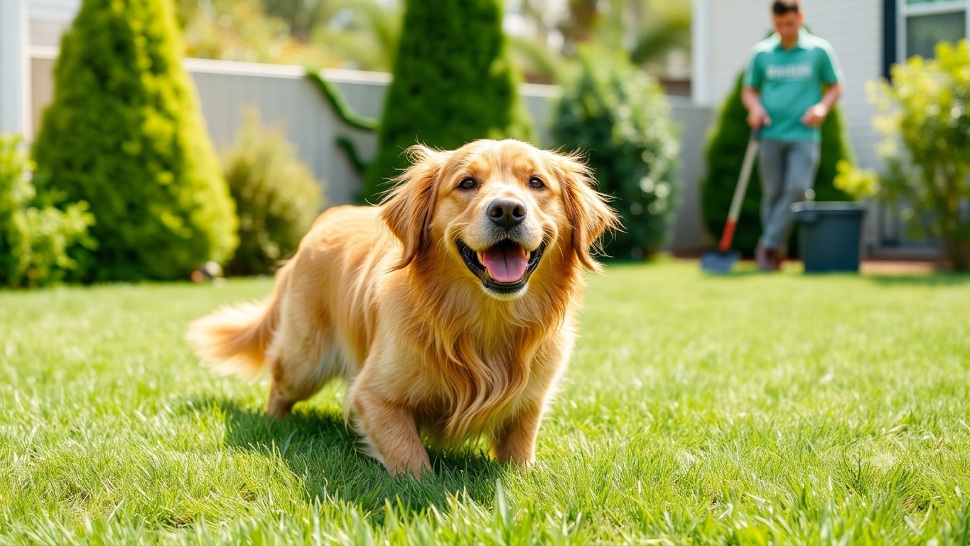 A happy golden retriever in a clean green backyard with a scooping service professional in the background