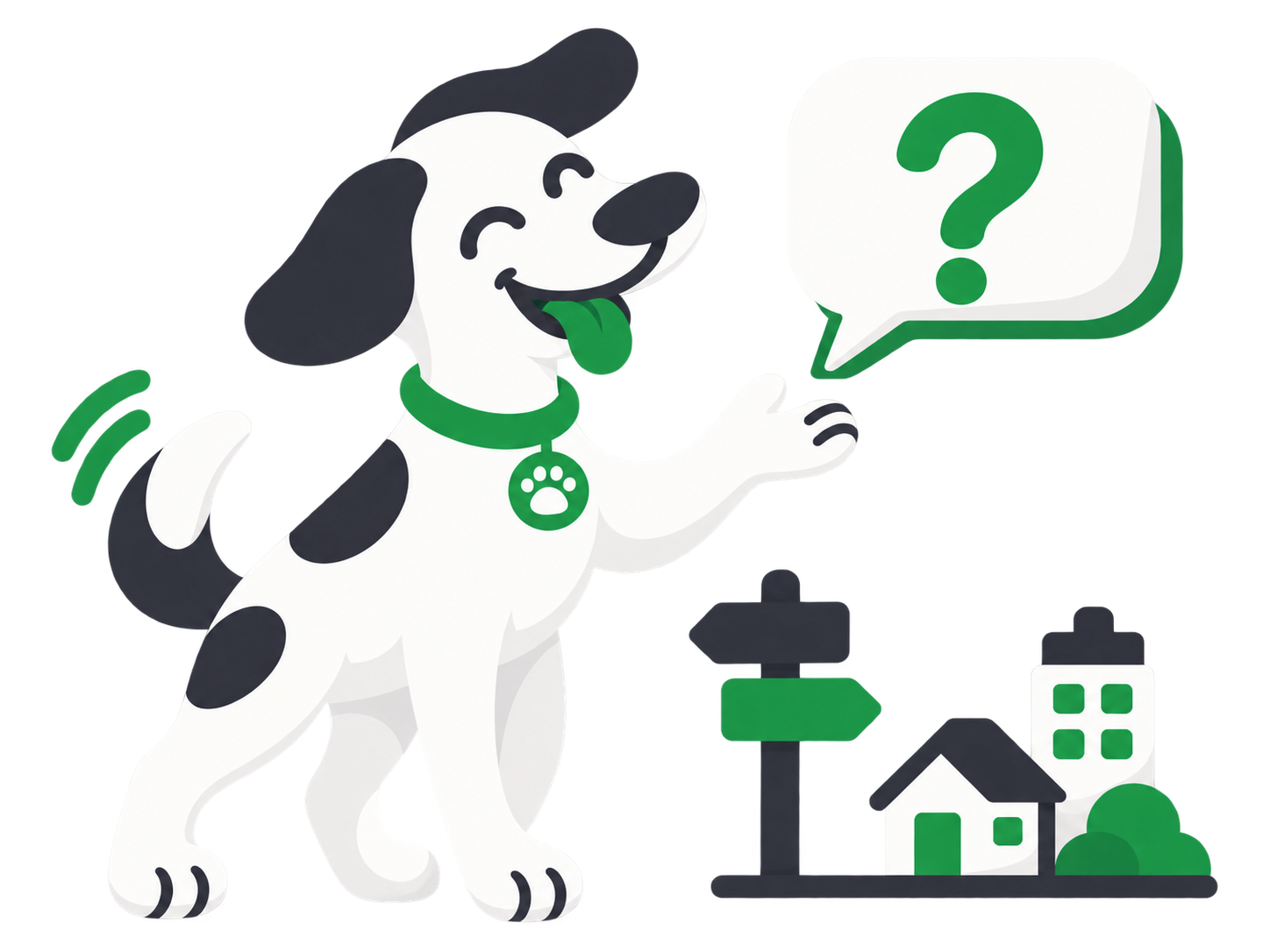 Happy spotted dog with a question mark speech bubble beside a neighborhood signpost